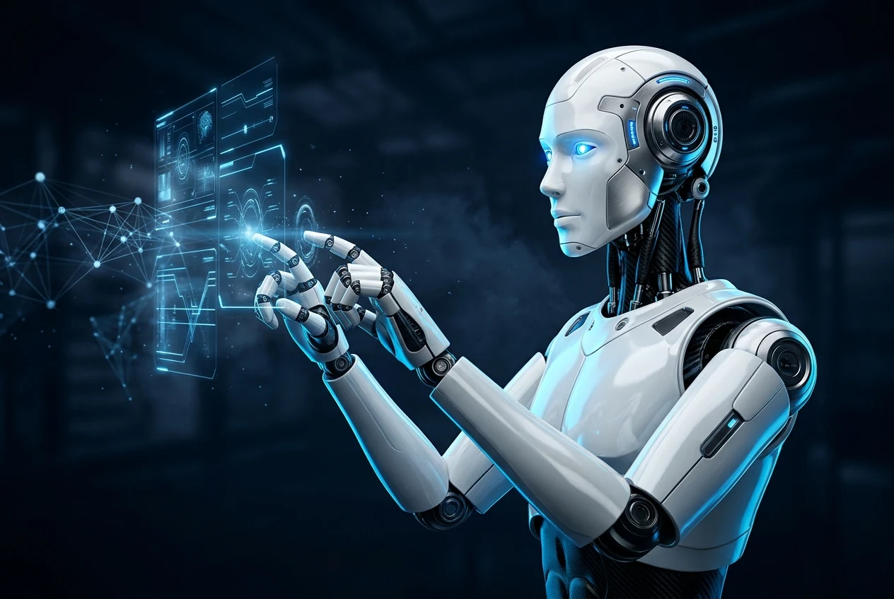 White humanoid AI robot interacting with a luminous blue holographic interface