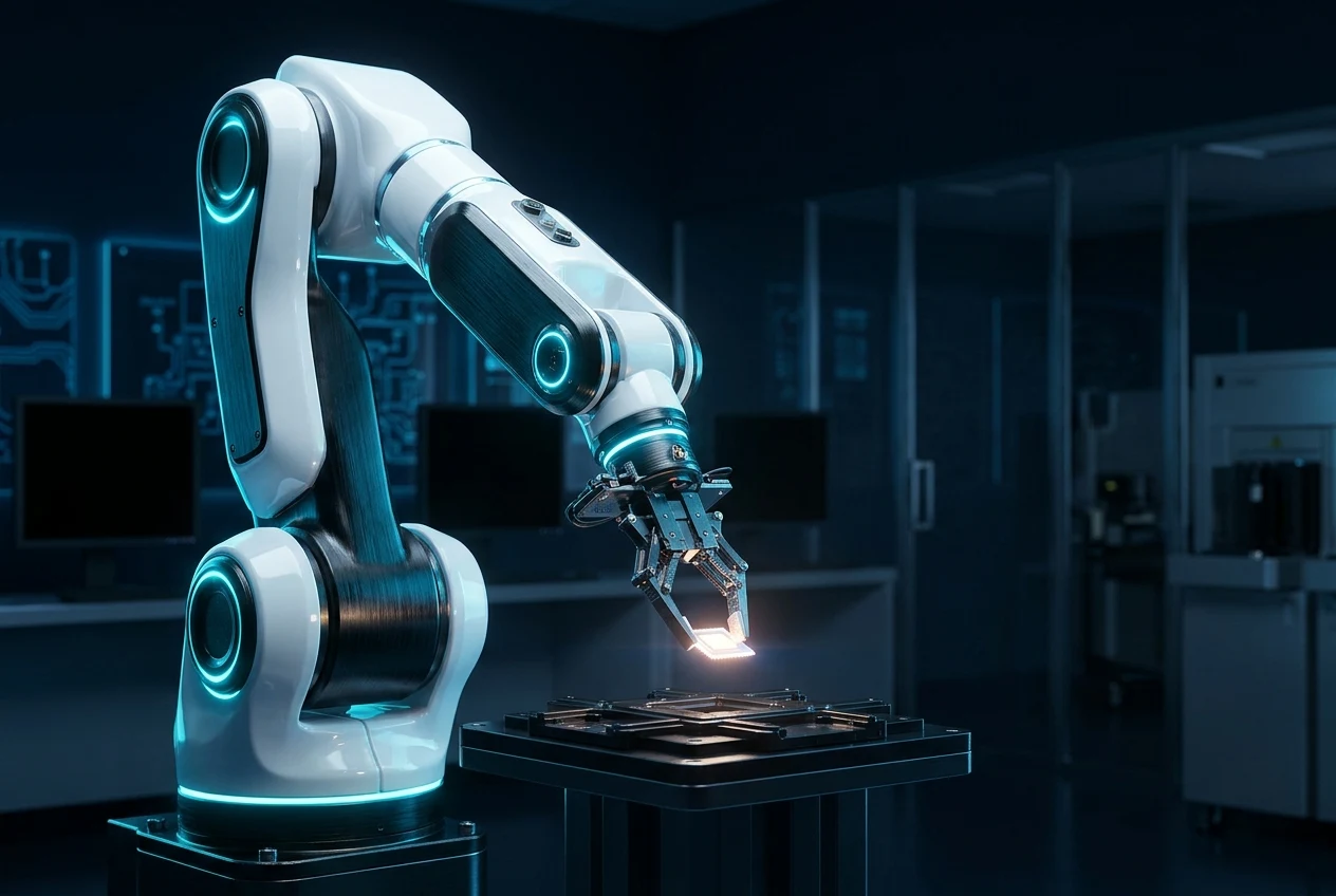 Precision industrial robotic arm handling a component in a blue-lit laboratory